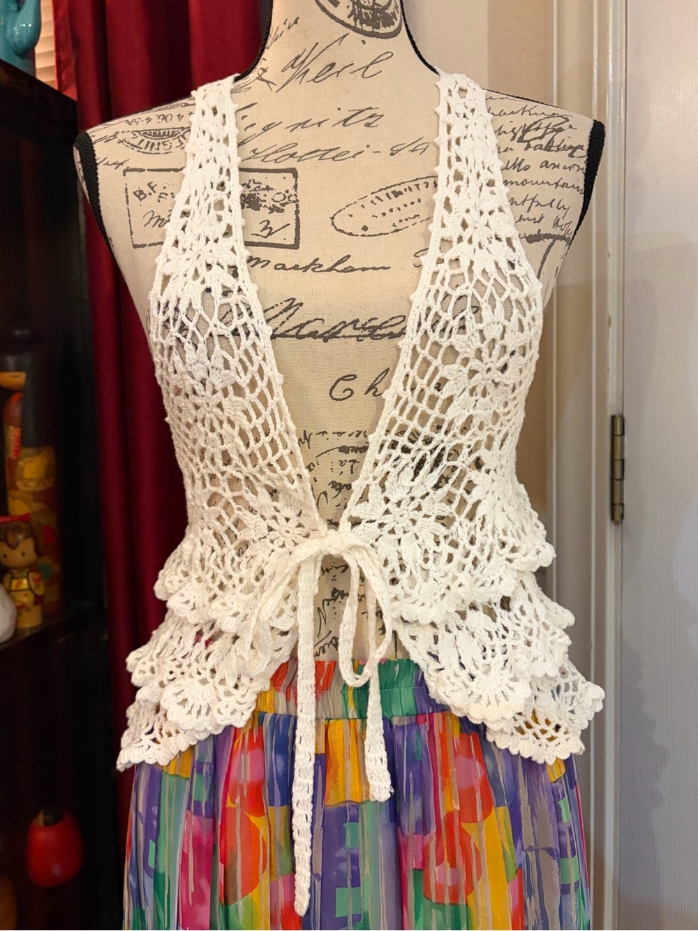 TwentyOne Floral Crochet Front Tie 3 Tiered Lacey Vest